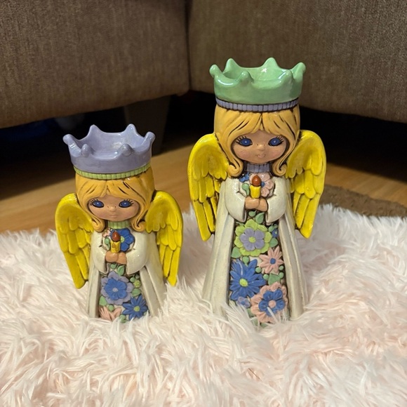 1970s Chalkware Angel Candle Holders Pair Hippie Flower Power Boho Ceramic Retro - Picture 1 of 7